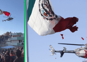 Helicóptero de Sedena corta monumental bandera por arriesgada maniobra 