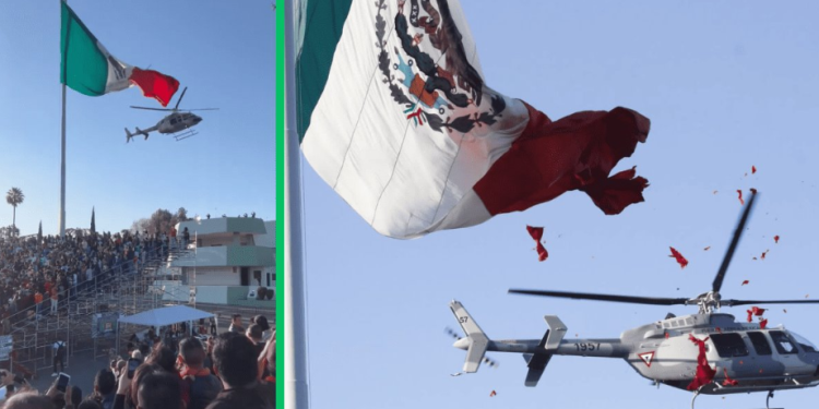 Helicóptero de Sedena corta monumental bandera por arriesgada maniobra&nbsp;