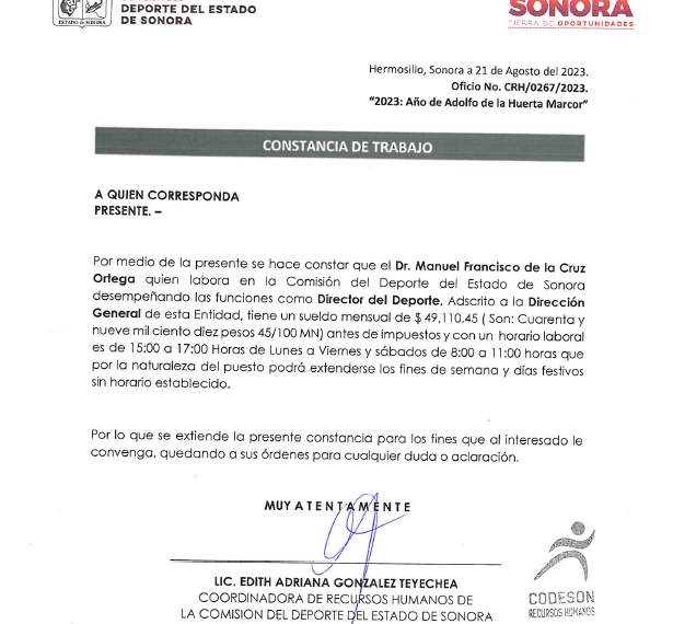 ¿Qué director del gobierno de Sonora gana 50 mil pesos al mes, trabajando 13 horas a la semana?