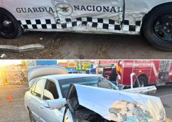 Patrulla de Guardia Nacional y sedán chocan en bulevar Camino del Seri 