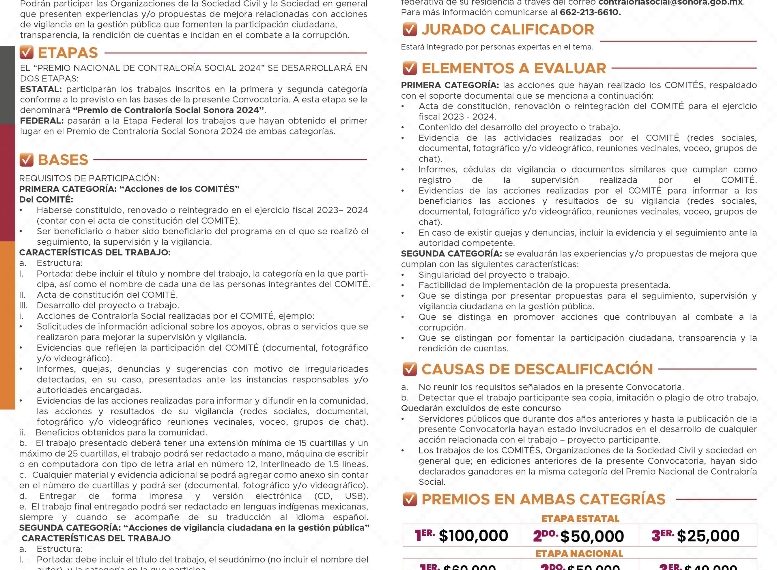 Convocan al XVII premio de Contraloría Social Sonora 2024.