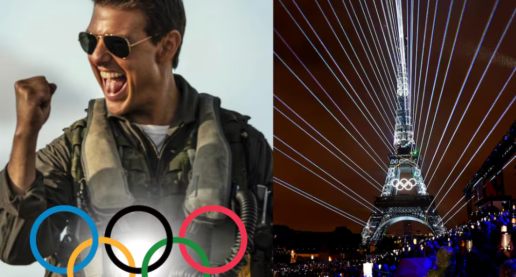 Tom Cruise se prepara para un truco en la ceremonia de clausura de los Juegos Olímpicos.