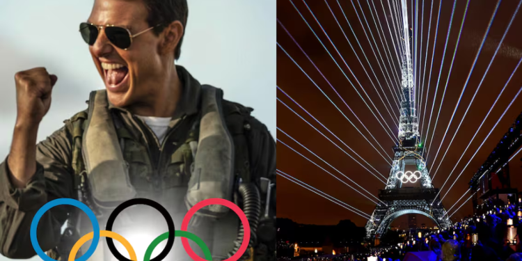 Tom Cruise se prepara para un truco en la ceremonia de clausura de los Juegos Olímpicos.