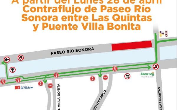 Este lunes 28 se habilitarán dos sentidos en el cuerpo sur de Paseo del Río Sonora.