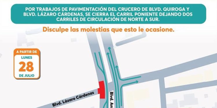 Por inicio de obras cerrarán el carril poniente de Quiroga y Cárdenas a partir de este lunes 28.