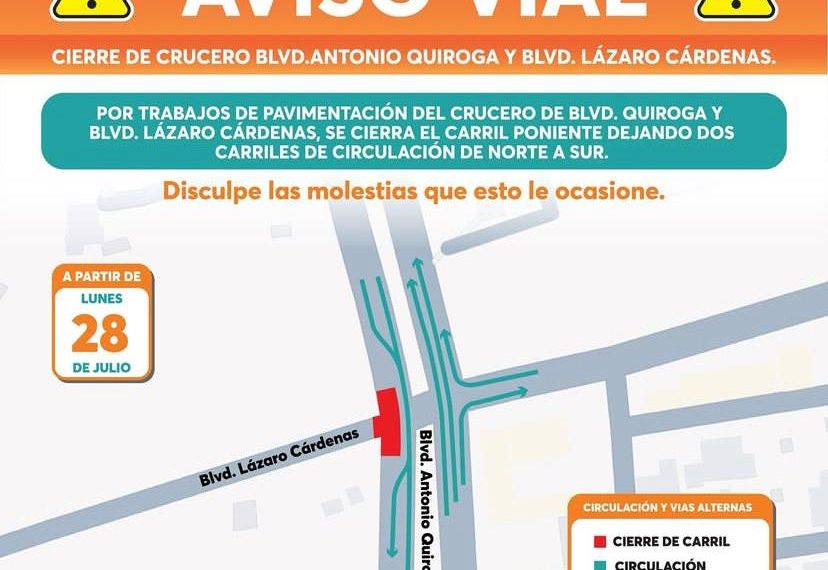 Por inicio de obras cerrarán el carril poniente de Quiroga y Cárdenas a partir de este lunes 28.