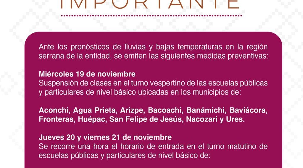 Suspenden clases en Sonora ante pronósticos de lluvias y bajas temperaturas