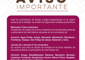 Suspenden clases en Sonora ante pronósticos de lluvias y bajas temperaturas