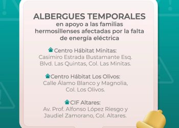 Ofrece Gobierno de Hermosillo Centros Hábitat y CIF Altares como albergues temporales a familias afectadas por falta de energía eléctrica